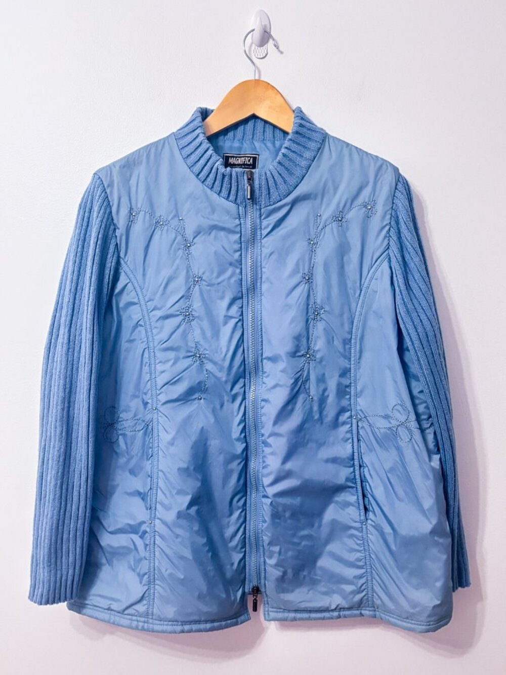 MAGNIFICA Blue Embroidered Full Zip Knit Sleeve Lightweight Jacket Size 1X